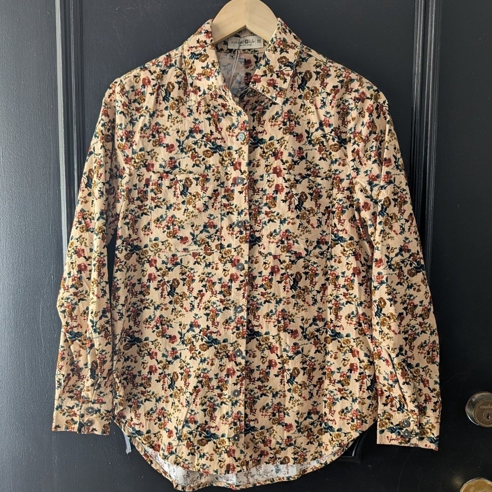 Natural Life Button Up Cream Floral Corduroy Long Sleeve Top XS Cottagecore